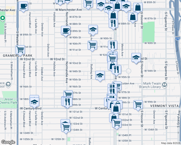 map of restaurants, bars, coffee shops, grocery stores, and more near 1200 West 94th Street in Los Angeles