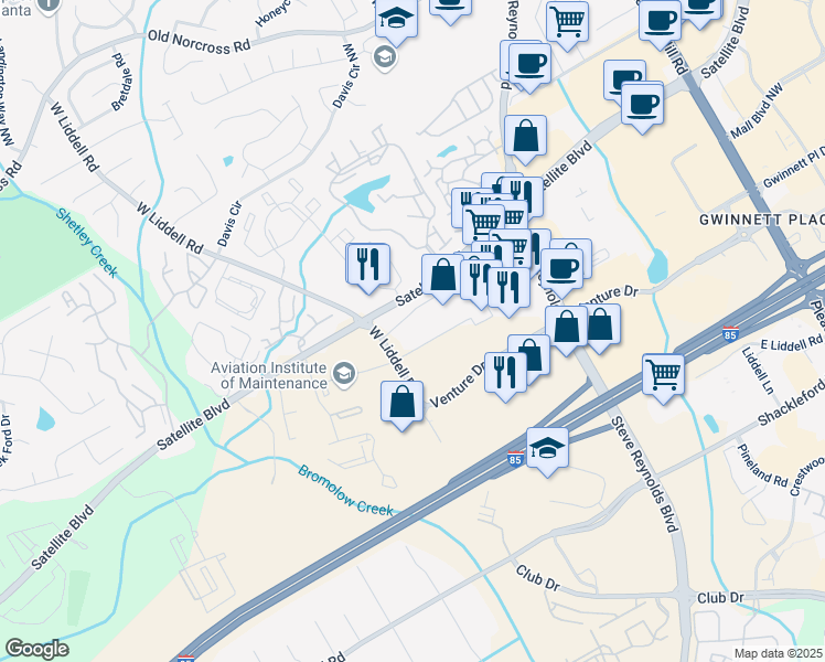map of restaurants, bars, coffee shops, grocery stores, and more near 2050 West Liddell Road in Duluth