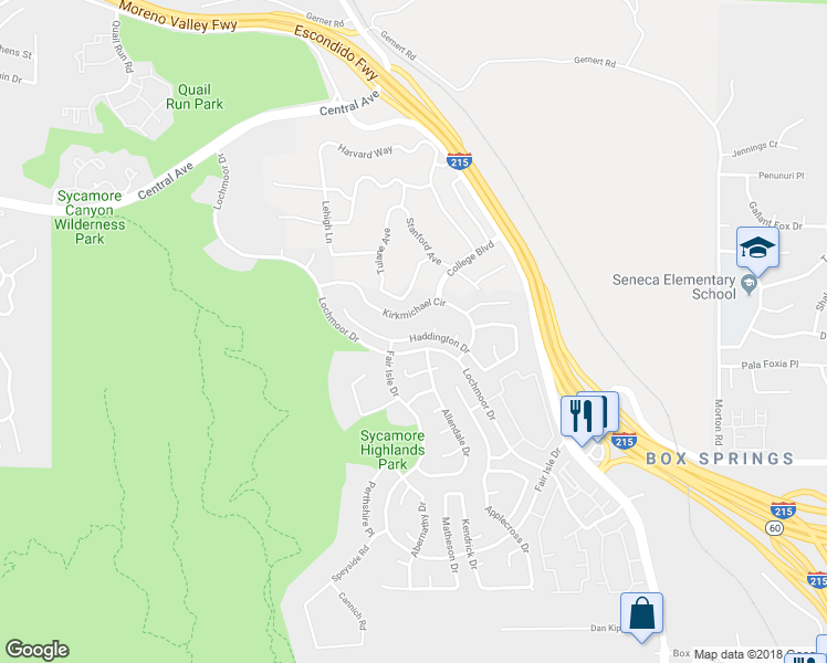 map of restaurants, bars, coffee shops, grocery stores, and more near 1434 Haddington Drive in Riverside