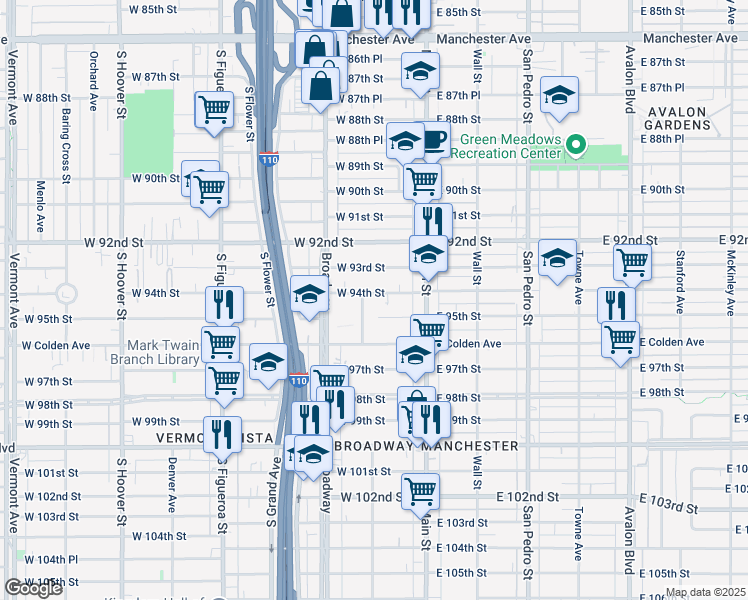 map of restaurants, bars, coffee shops, grocery stores, and more near 167 West 94th Street in Los Angeles
