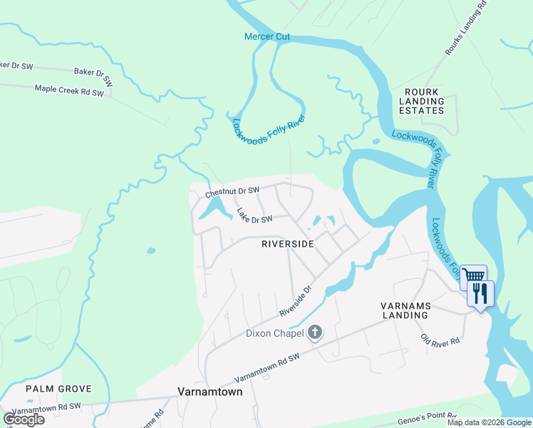 map of restaurants, bars, coffee shops, grocery stores, and more near 166 Lake Dr SW in Brunswick