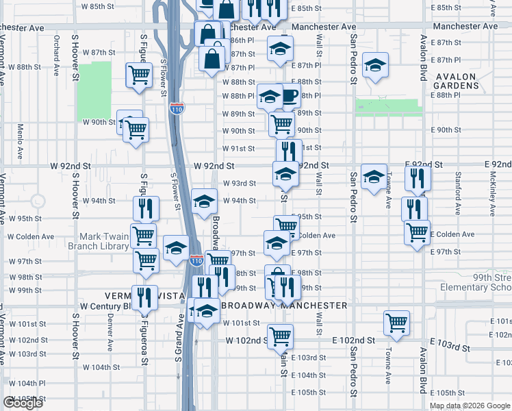 map of restaurants, bars, coffee shops, grocery stores, and more near 144 West 94th Street in Los Angeles