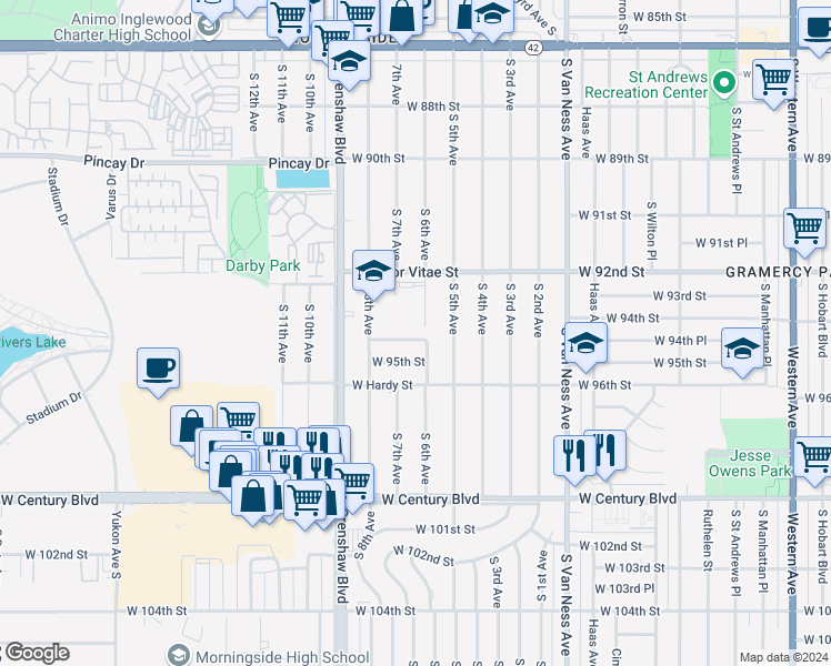 map of restaurants, bars, coffee shops, grocery stores, and more near 2721 West 94th Street in Inglewood