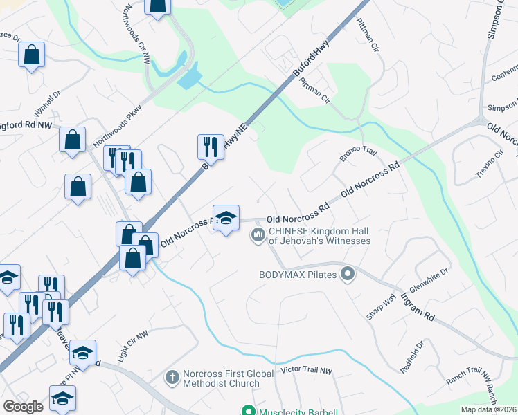 map of restaurants, bars, coffee shops, grocery stores, and more near 2677 Hamrick Road Northwest in Norcross