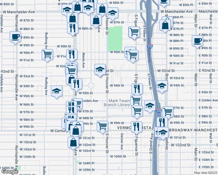 map of restaurants, bars, coffee shops, grocery stores, and more near 660 West 94th Street in Los Angeles