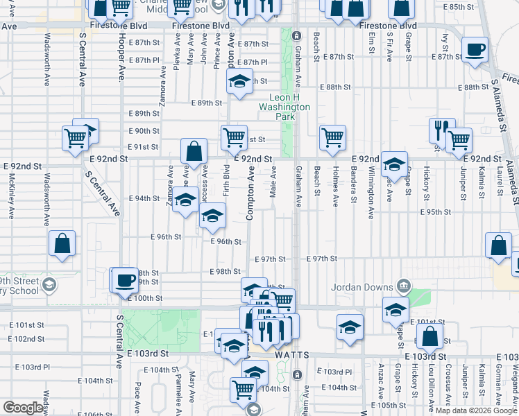 map of restaurants, bars, coffee shops, grocery stores, and more near 1611 East 95th Street in Los Angeles
