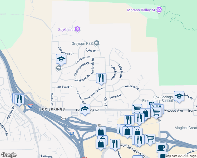 map of restaurants, bars, coffee shops, grocery stores, and more near 21425 Dickinson Road in Moreno Valley