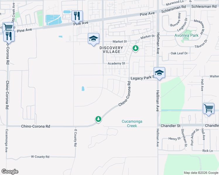 map of restaurants, bars, coffee shops, grocery stores, and more near 16687 Bristlecone Avenue in Chino
