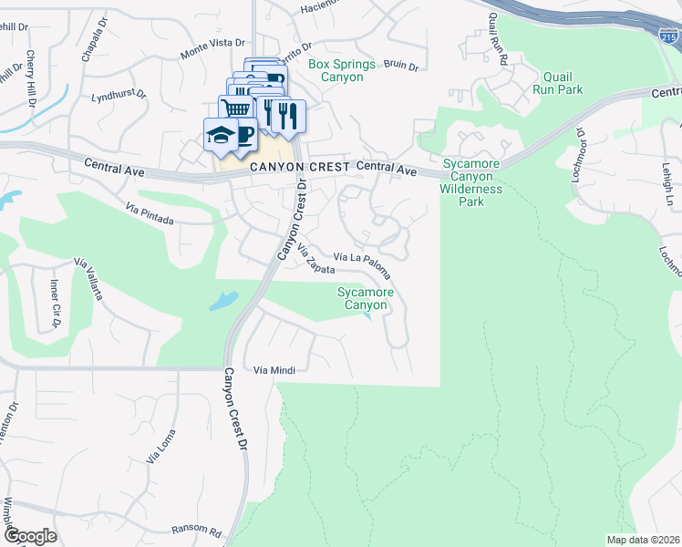 map of restaurants, bars, coffee shops, grocery stores, and more near 710 Vía Zapata in Riverside