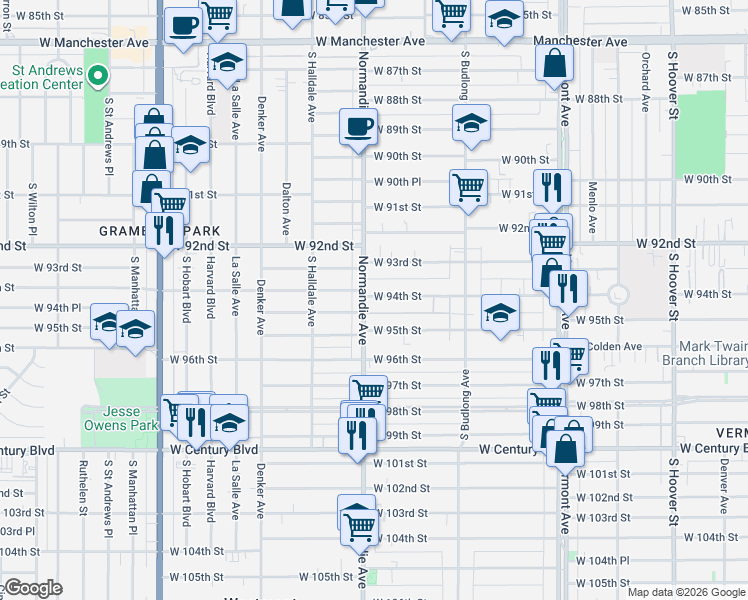 map of restaurants, bars, coffee shops, grocery stores, and more near 1344 West 94th Street in Los Angeles