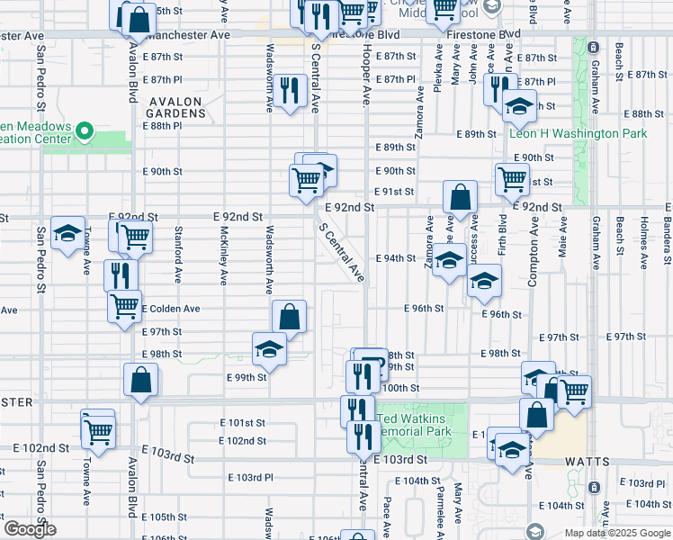 map of restaurants, bars, coffee shops, grocery stores, and more near 1122 East 94th Street in Los Angeles