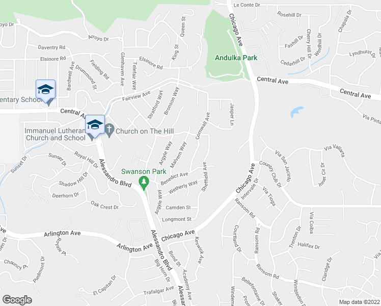 map of restaurants, bars, coffee shops, grocery stores, and more near 5531 Cornwall Avenue in Riverside