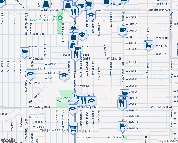 map of restaurants, bars, coffee shops, grocery stores, and more near 9406 Harvard Boulevard in Los Angeles