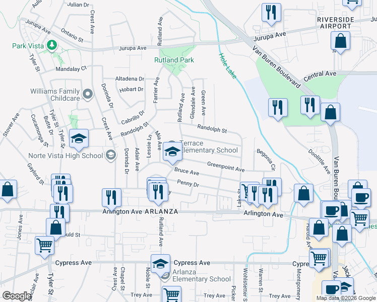 map of restaurants, bars, coffee shops, grocery stores, and more near 8760 Sylvan Drive in Riverside