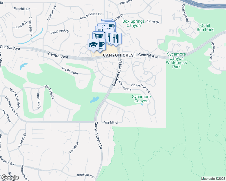 map of restaurants, bars, coffee shops, grocery stores, and more near 5552 Vía Dos Cerros in Riverside