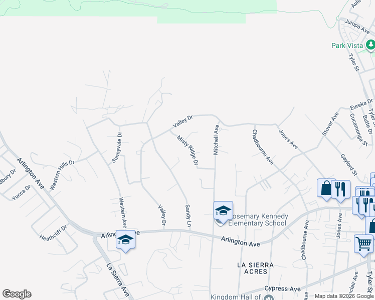 map of restaurants, bars, coffee shops, grocery stores, and more near 6768 Misty Ridge Drive in Riverside