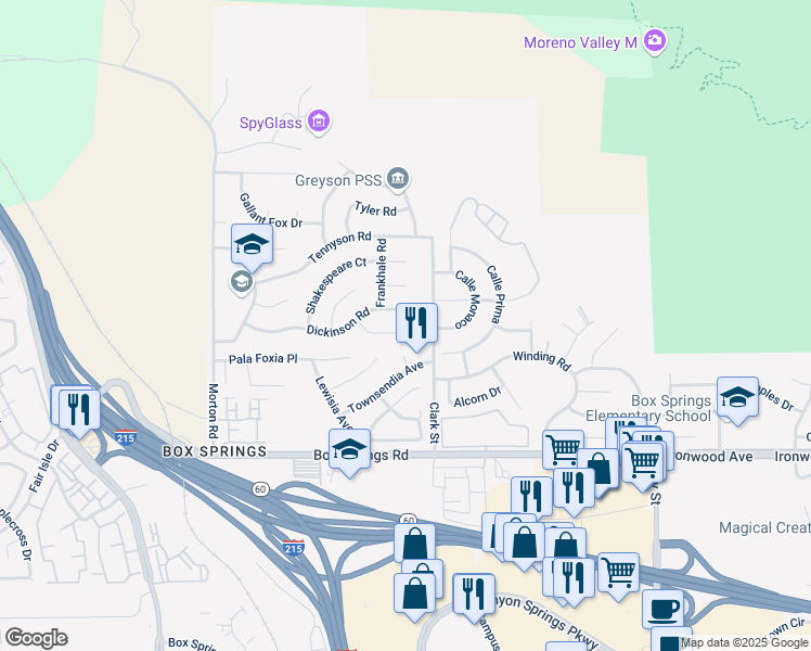 map of restaurants, bars, coffee shops, grocery stores, and more near 21425 Dickinson Road in Moreno Valley