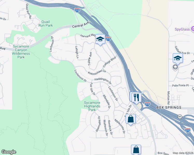 map of restaurants, bars, coffee shops, grocery stores, and more near 1413 Kirkmichael Circle in Riverside