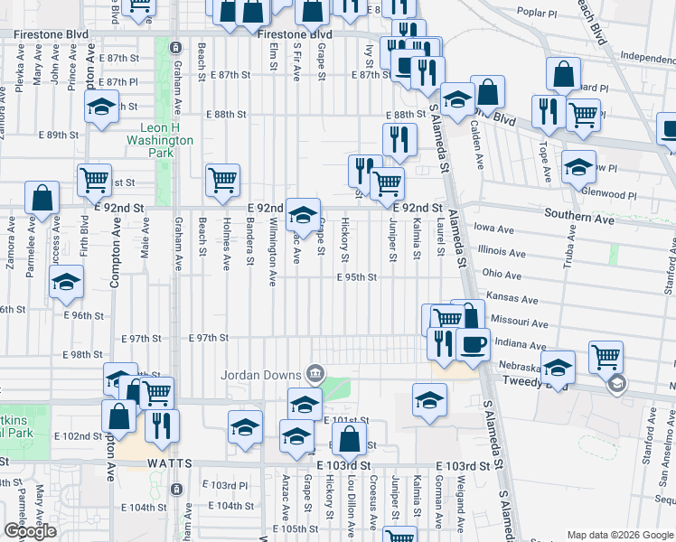 map of restaurants, bars, coffee shops, grocery stores, and more near 9424 Grape Street in Los Angeles