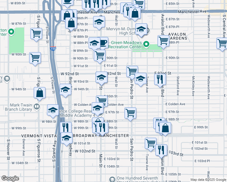 map of restaurants, bars, coffee shops, grocery stores, and more near 152 1/2 East 94th Street in Los Angeles