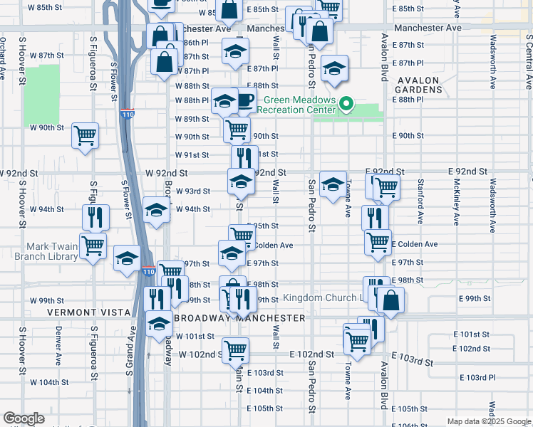 map of restaurants, bars, coffee shops, grocery stores, and more near 152 1/2 East 94th Street in Los Angeles