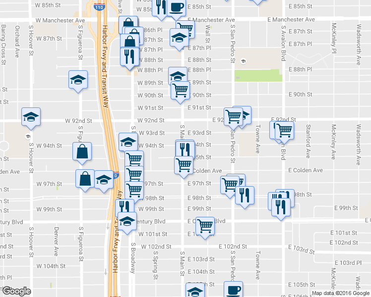 map of restaurants, bars, coffee shops, grocery stores, and more near 106 East 94th Street in Los Angeles
