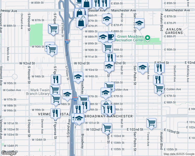 map of restaurants, bars, coffee shops, grocery stores, and more near 126 West 94th Street in Los Angeles