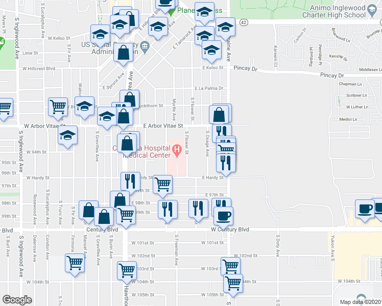 map of restaurants, bars, coffee shops, grocery stores, and more near 940 South Flower Street in Inglewood