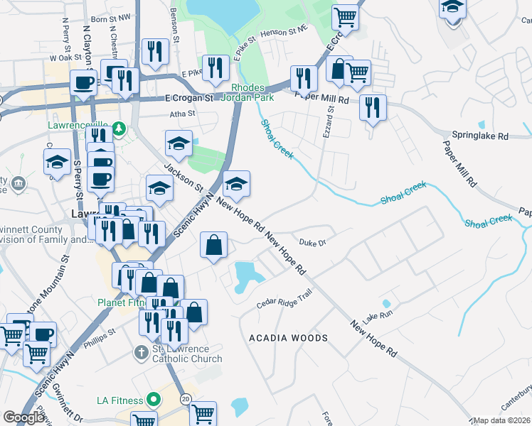 map of restaurants, bars, coffee shops, grocery stores, and more near 18 Ezzard Street in Lawrenceville