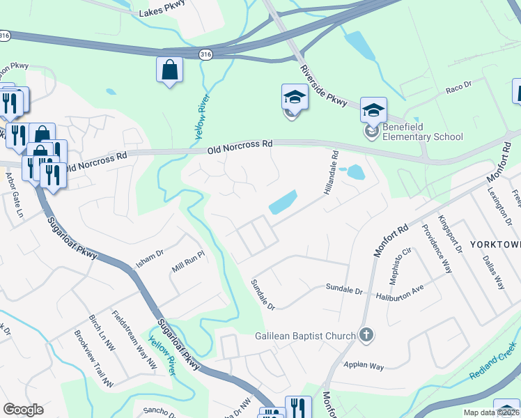 map of restaurants, bars, coffee shops, grocery stores, and more near 581 Brass Key Court in Lawrenceville