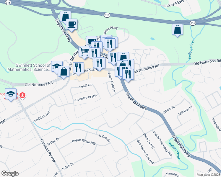 map of restaurants, bars, coffee shops, grocery stores, and more near 1768 Arbor Gate Drive in Lawrenceville
