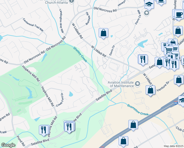 map of restaurants, bars, coffee shops, grocery stores, and more near 3713 Ridge Brook Trail in Duluth