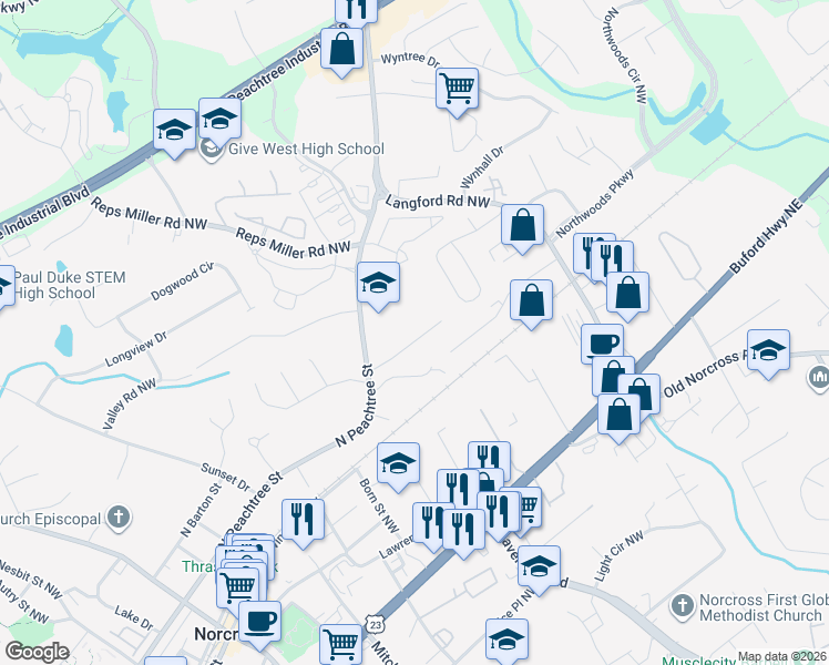 map of restaurants, bars, coffee shops, grocery stores, and more near 749 Oak Terrace in Norcross