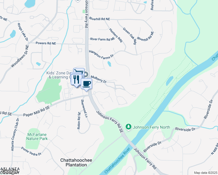map of restaurants, bars, coffee shops, grocery stores, and more near 404 Carryback Drive in Marietta