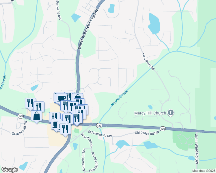 map of restaurants, bars, coffee shops, grocery stores, and more near 2369 Battle Forest Drive Southwest in Marietta