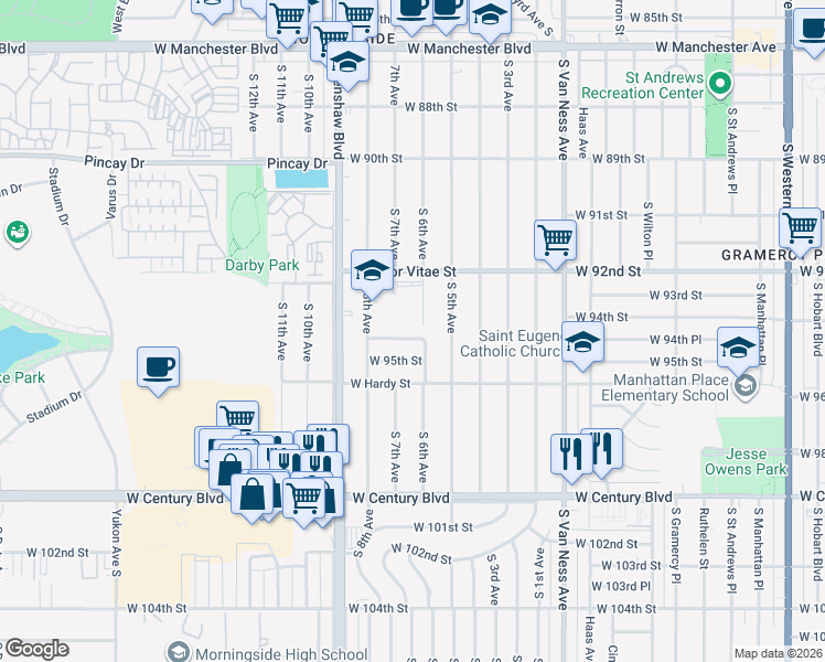 map of restaurants, bars, coffee shops, grocery stores, and more near 2721 West 94th Street in Inglewood
