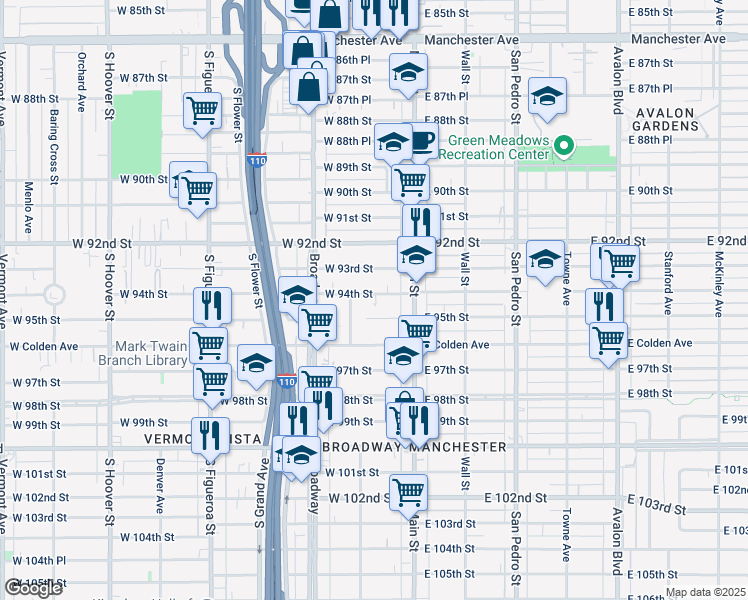 map of restaurants, bars, coffee shops, grocery stores, and more near 142 West 94th Street in Los Angeles