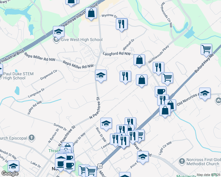 map of restaurants, bars, coffee shops, grocery stores, and more near 749 Oak Terrace in Norcross