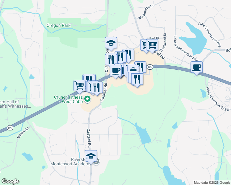 map of restaurants, bars, coffee shops, grocery stores, and more near 3738 Ramble Lane Southwest in Marietta