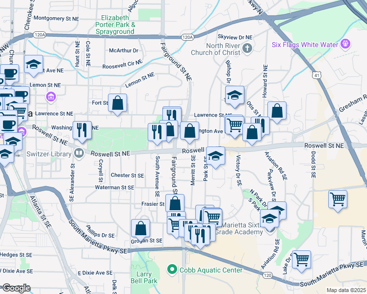 map of restaurants, bars, coffee shops, grocery stores, and more near 20 Fairground Street Northeast in Marietta