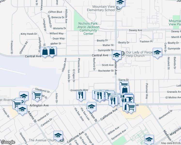 map of restaurants, bars, coffee shops, grocery stores, and more near 6738 Clifford Street in Riverside