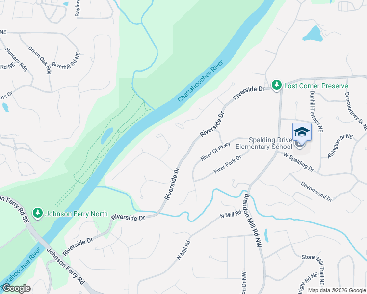 map of restaurants, bars, coffee shops, grocery stores, and more near 7160 Riverside Drive in Atlanta