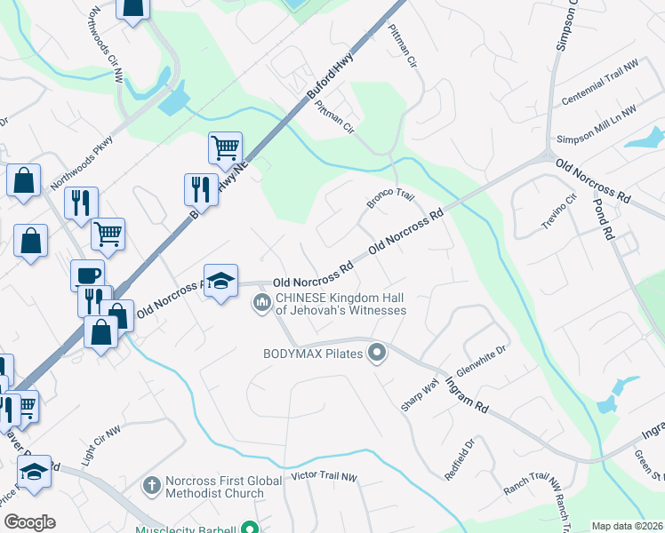 map of restaurants, bars, coffee shops, grocery stores, and more near 4973 Old Norcross Road in Duluth