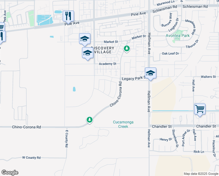 map of restaurants, bars, coffee shops, grocery stores, and more near 16677 Deergrass Avenue in Chino