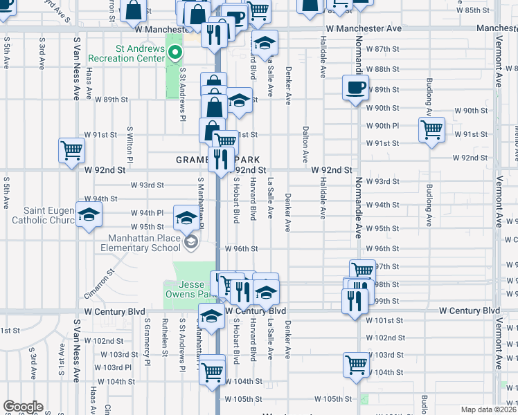 map of restaurants, bars, coffee shops, grocery stores, and more near 9406 Harvard Boulevard in Los Angeles