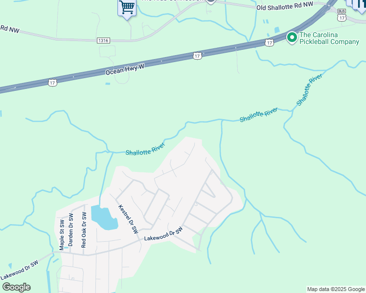 map of restaurants, bars, coffee shops, grocery stores, and more near 282 Plover Court Southwest in Shallotte
