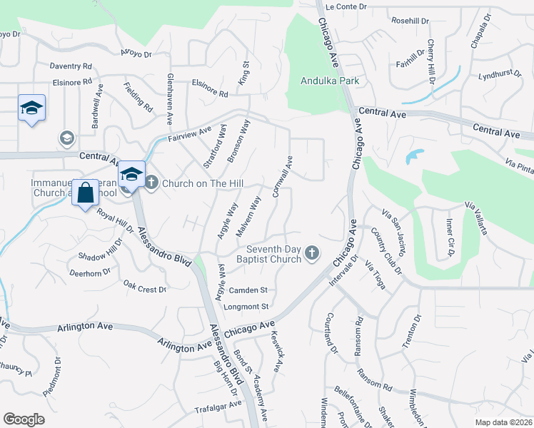 map of restaurants, bars, coffee shops, grocery stores, and more near 5531 Cornwall Avenue in Riverside