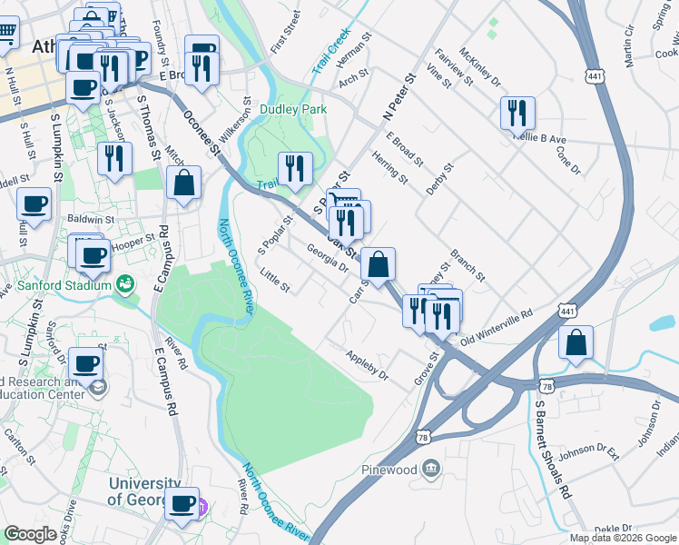 map of restaurants, bars, coffee shops, grocery stores, and more near 325 Georgia Drive in Athens
