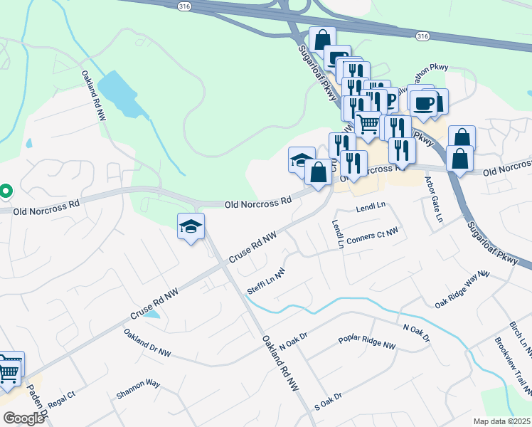 map of restaurants, bars, coffee shops, grocery stores, and more near 1982 Old Norcross Road in Lawrenceville
