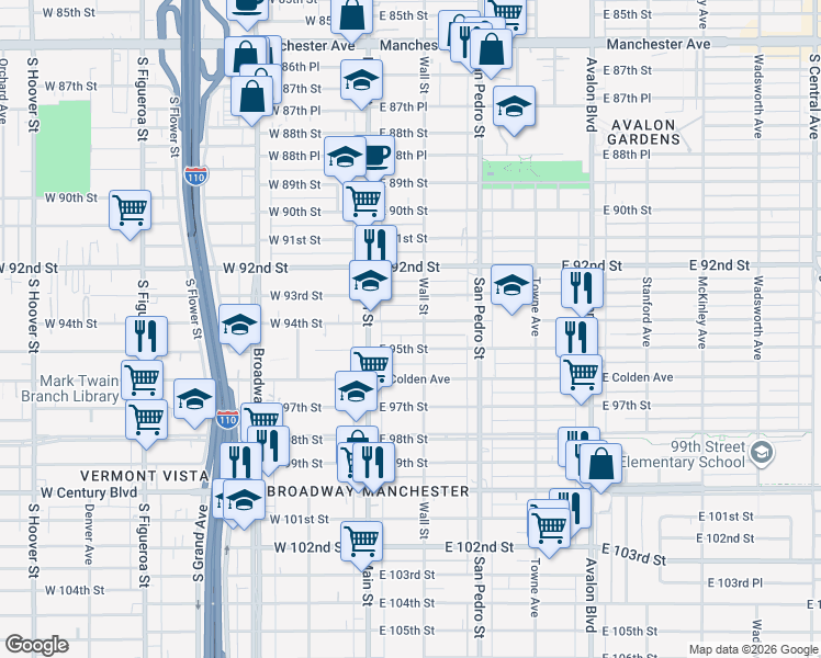map of restaurants, bars, coffee shops, grocery stores, and more near 144 West 94th Street in Los Angeles